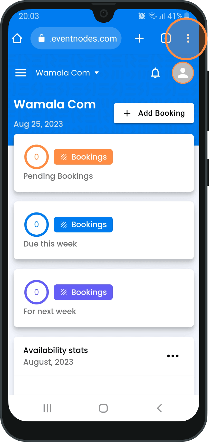 Samsung Galaxy with Eventnodes website open with circle drawn over the three dot menu in Chrome browser