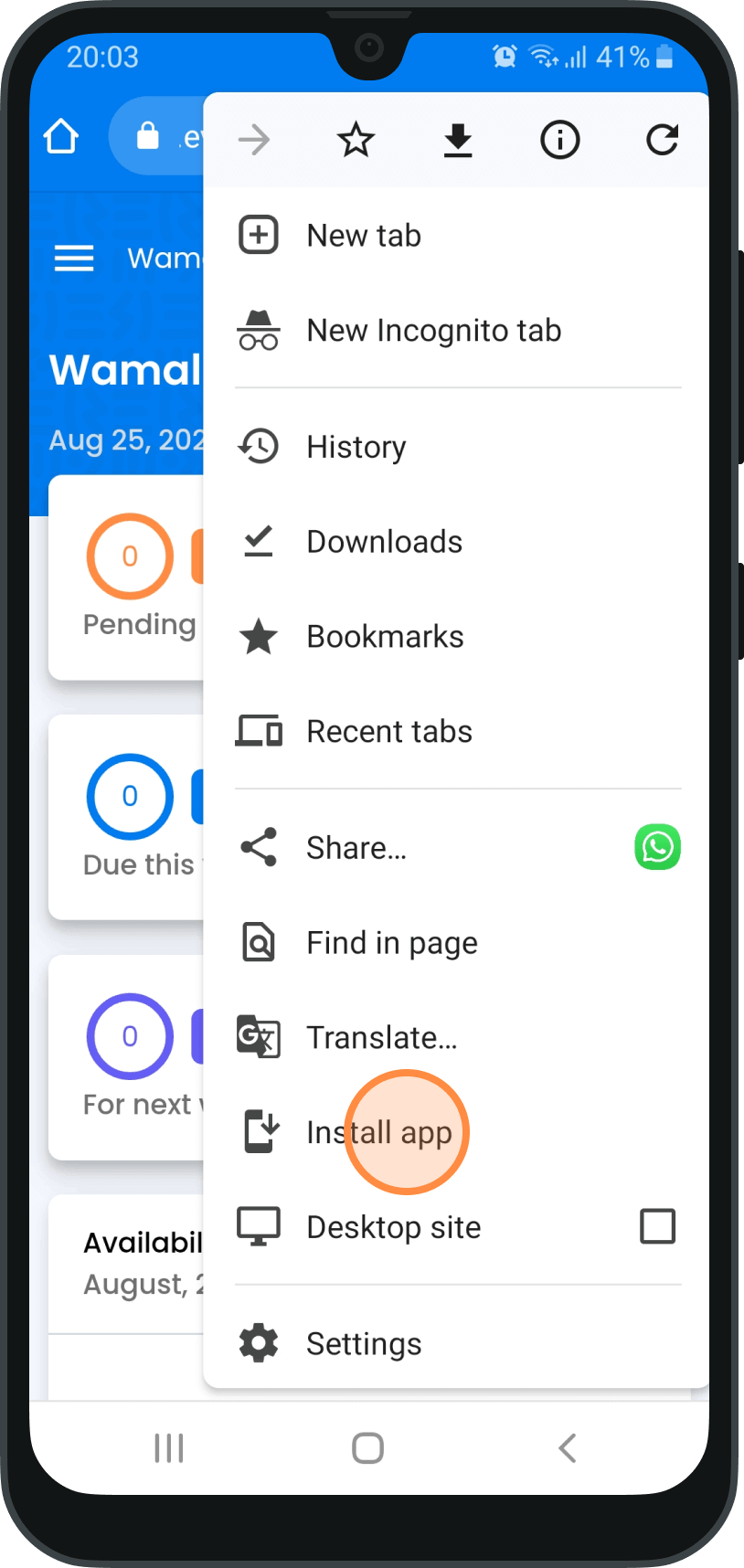 Samsung showing the menu in Chrome browser with the circle drawn over the Install option