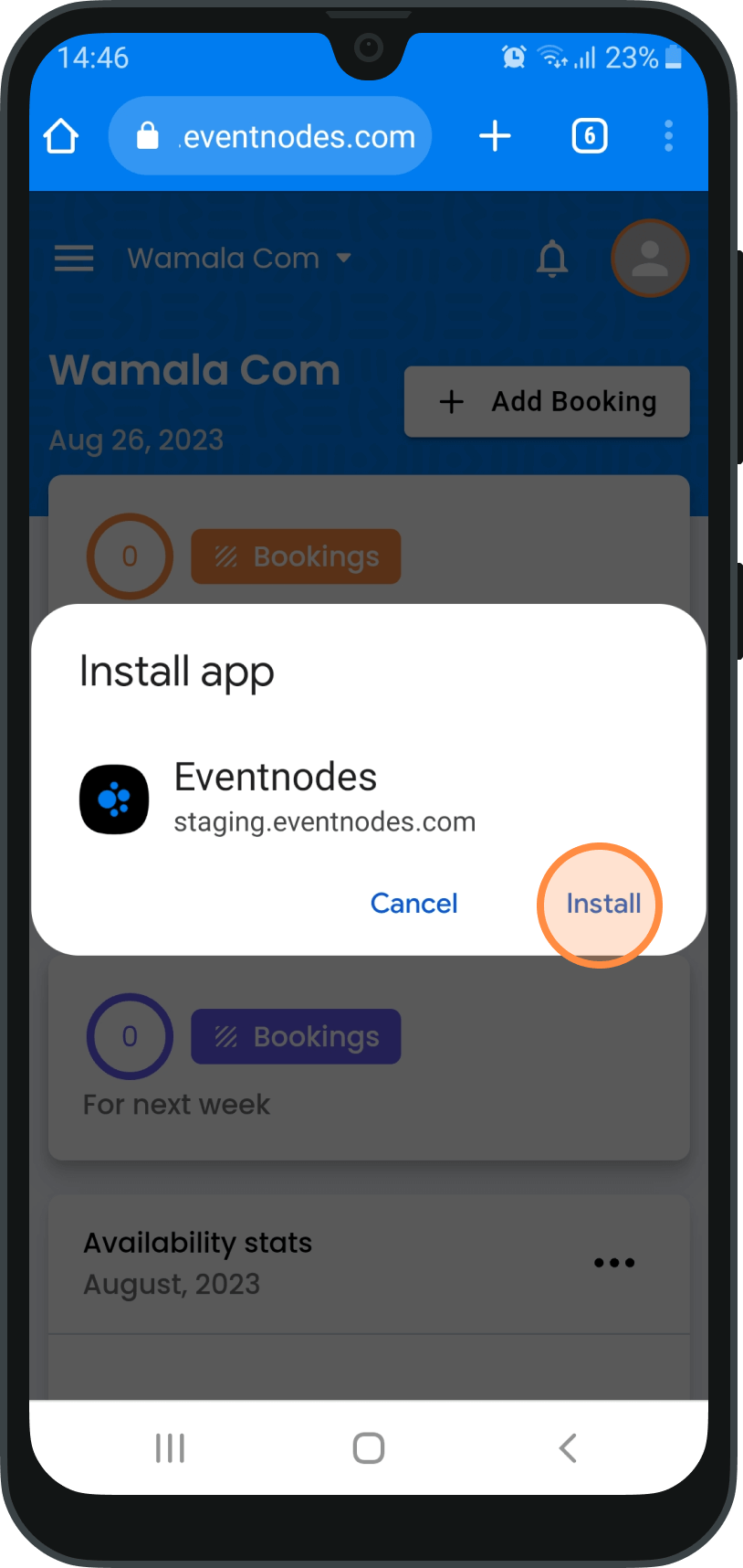 Samsung Galaxy showing the popup to install app with the circle drawn over the Install option