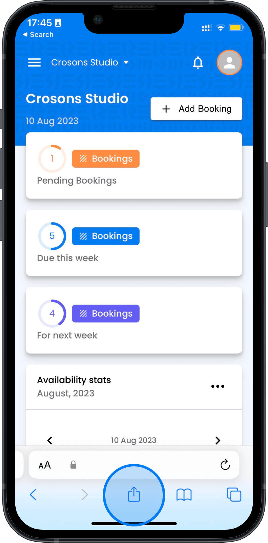 iPhone with Eventnodes website open with circle drawn over the share button in Safari browser