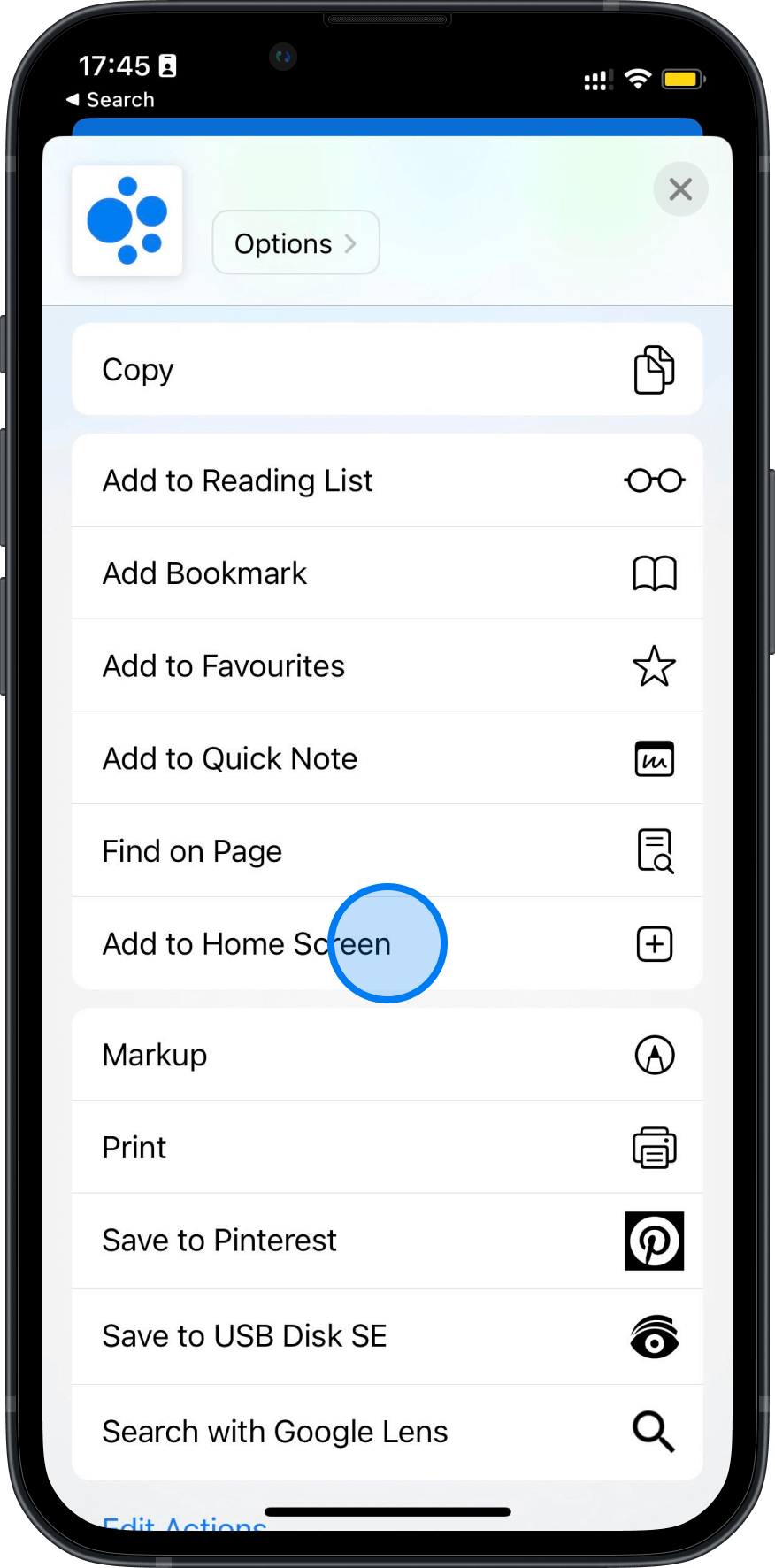 iPhone showing the share menu in Safari browser with the circle drawn over the Add to Home Screen option