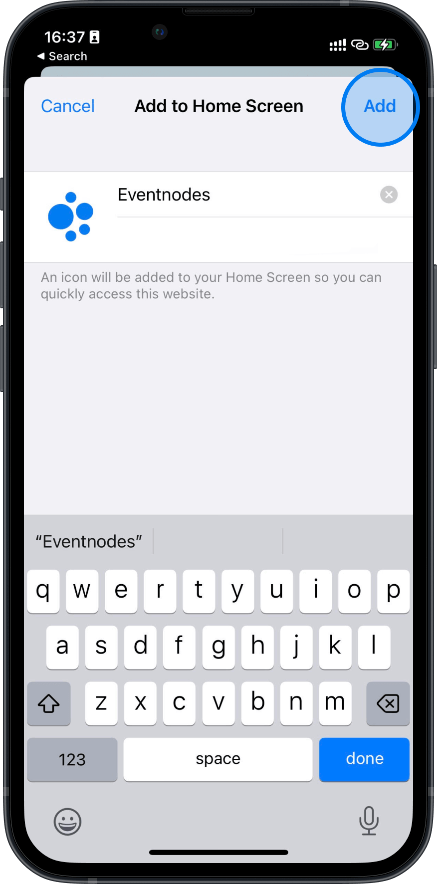 iPhone showing the popup to add website to home screen with the circle drawn over the Add button